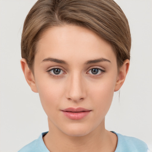 Neutral white young-adult female with short  brown hair and brown eyes