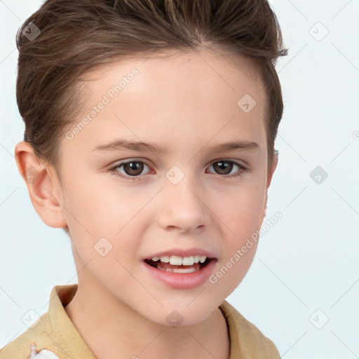 Joyful white child female with short  brown hair and brown eyes