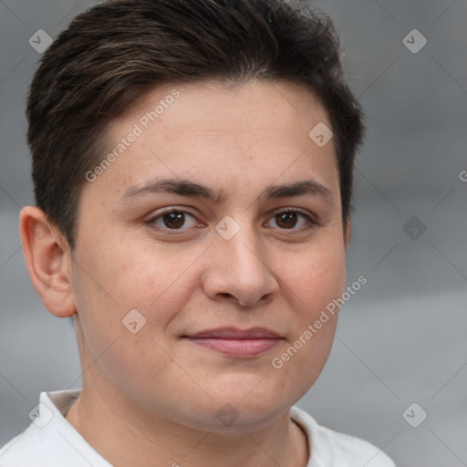 Joyful white young-adult female with short  brown hair and brown eyes