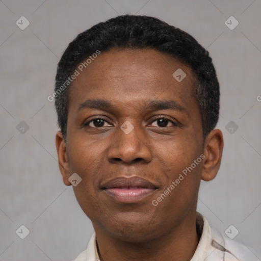 Joyful latino adult male with short  black hair and brown eyes