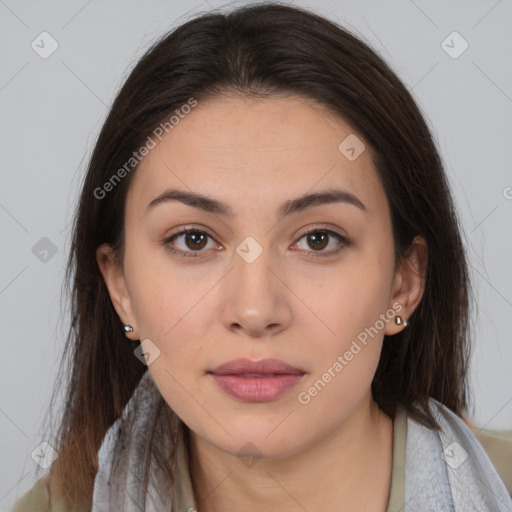 Neutral white young-adult female with medium  brown hair and brown eyes