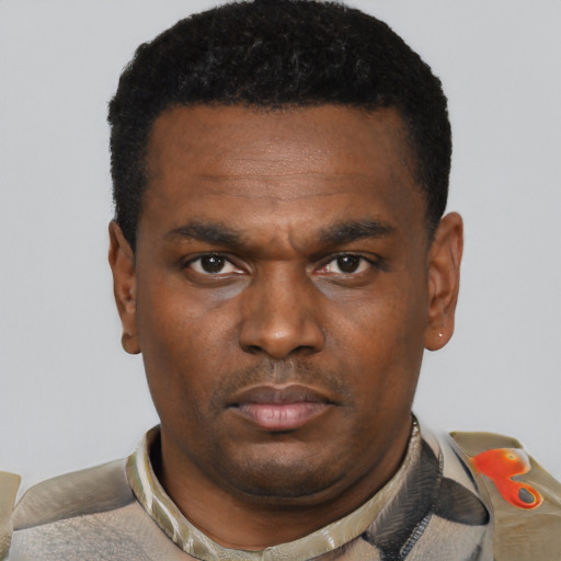 Neutral black young-adult male with short  black hair and brown eyes