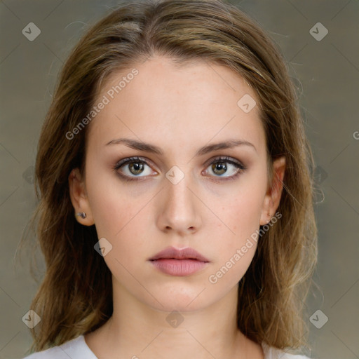 Neutral white young-adult female with medium  brown hair and brown eyes