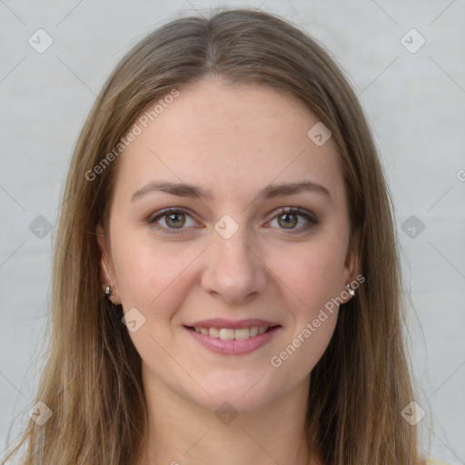 Joyful white young-adult female with long  brown hair and grey eyes