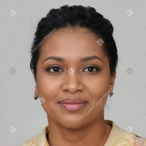 Joyful latino young-adult female with medium  black hair and brown eyes