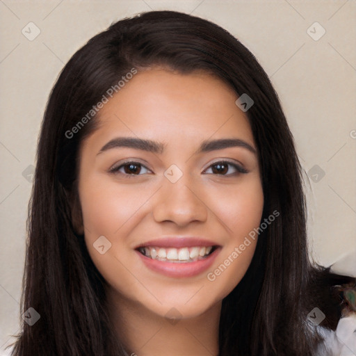 Joyful white young-adult female with long  black hair and brown eyes