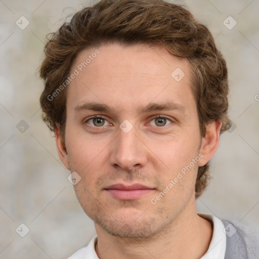 Neutral white young-adult male with short  brown hair and grey eyes