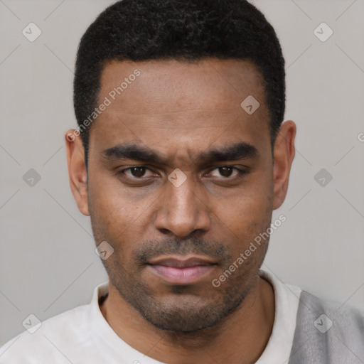Neutral latino young-adult male with short  black hair and brown eyes