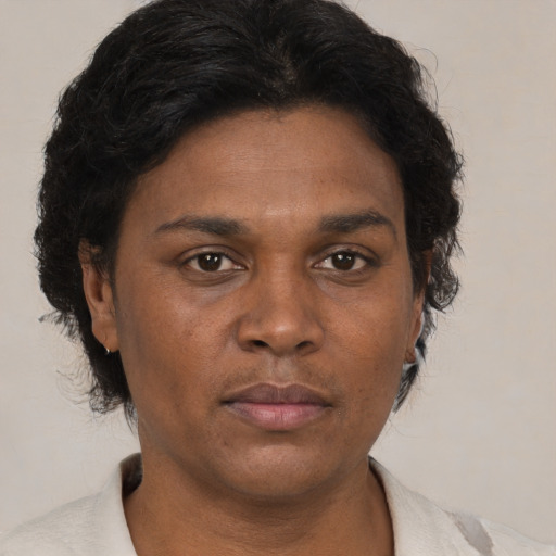 Neutral black adult female with short  brown hair and brown eyes