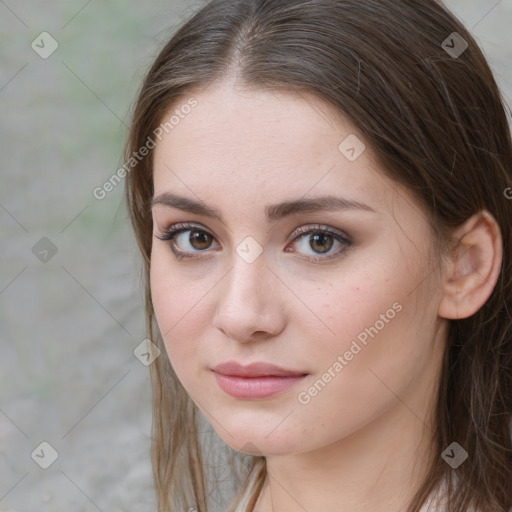 Neutral white young-adult female with medium  brown hair and brown eyes