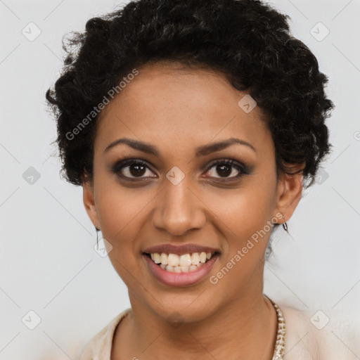 Joyful latino young-adult female with short  brown hair and brown eyes