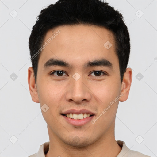 Joyful latino young-adult male with short  brown hair and brown eyes