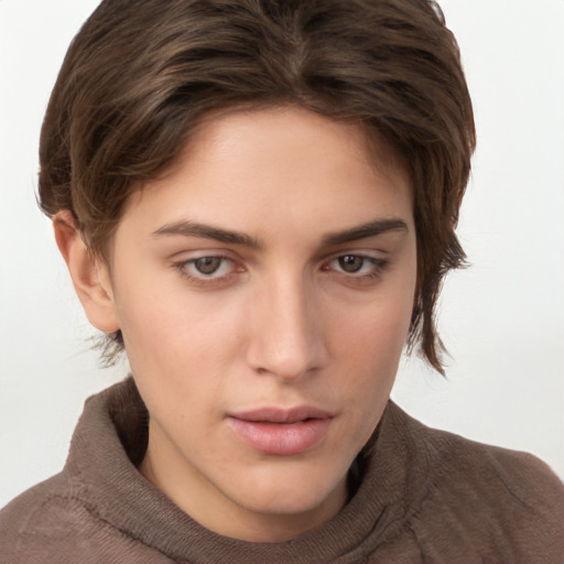 Neutral white young-adult female with short  brown hair and brown eyes