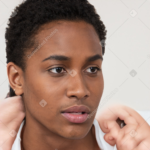 Neutral black young-adult female with short  brown hair and brown eyes