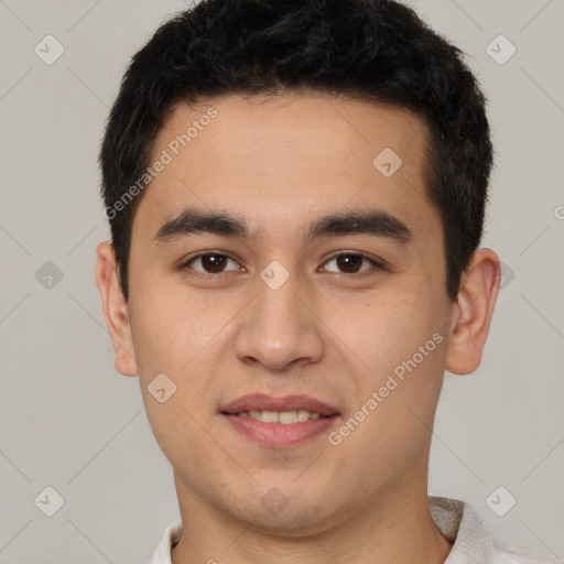 Joyful latino young-adult male with short  brown hair and brown eyes