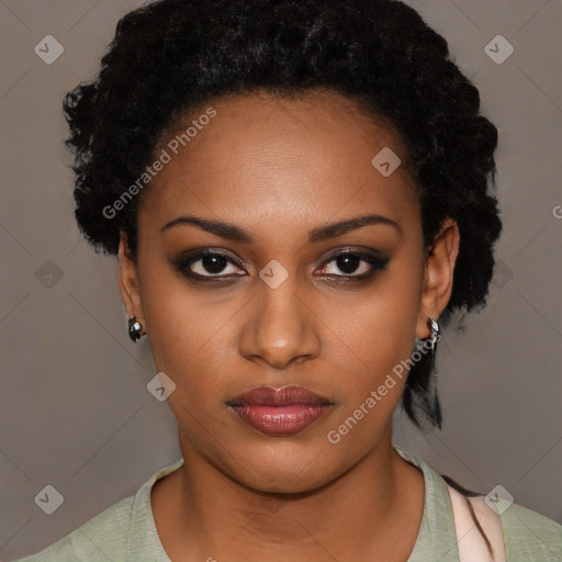 Neutral black young-adult female with short  black hair and brown eyes