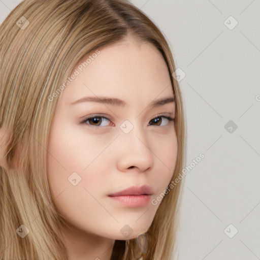 Neutral white young-adult female with long  brown hair and brown eyes