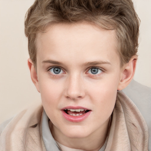 Joyful white young-adult female with short  brown hair and blue eyes