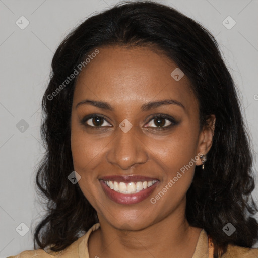 Joyful black young-adult female with long  brown hair and brown eyes