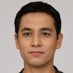 Neutral asian young-adult male with short  black hair and brown eyes