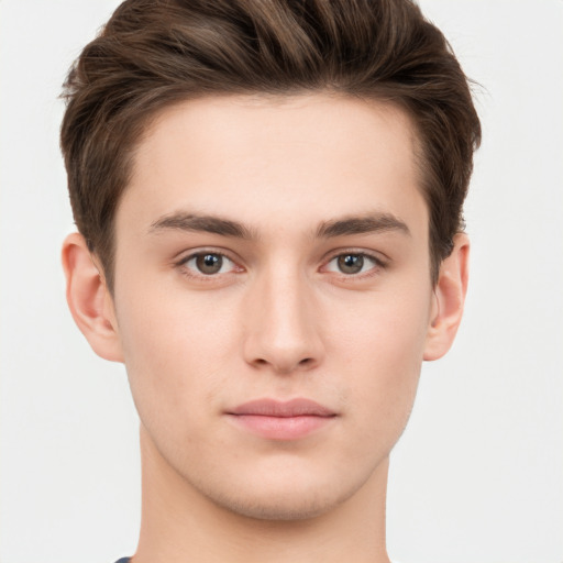 Neutral white young-adult male with short  brown hair and brown eyes