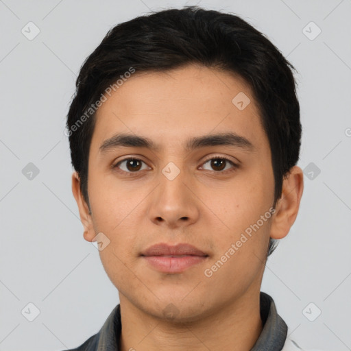 Neutral latino young-adult male with short  black hair and brown eyes