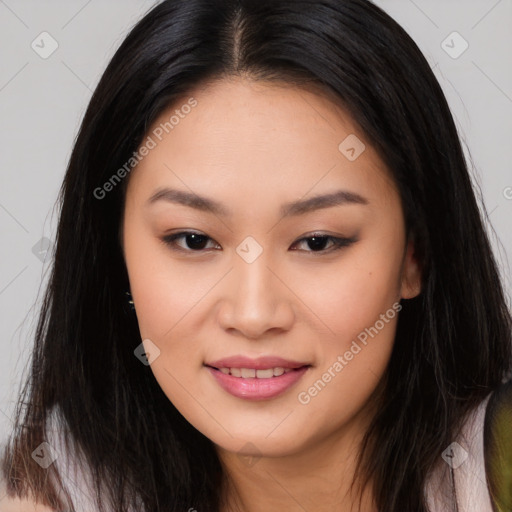 Joyful white young-adult female with long  black hair and brown eyes