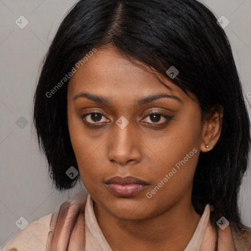 Neutral asian young-adult female with medium  brown hair and brown eyes