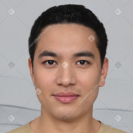 Joyful latino young-adult male with short  black hair and brown eyes