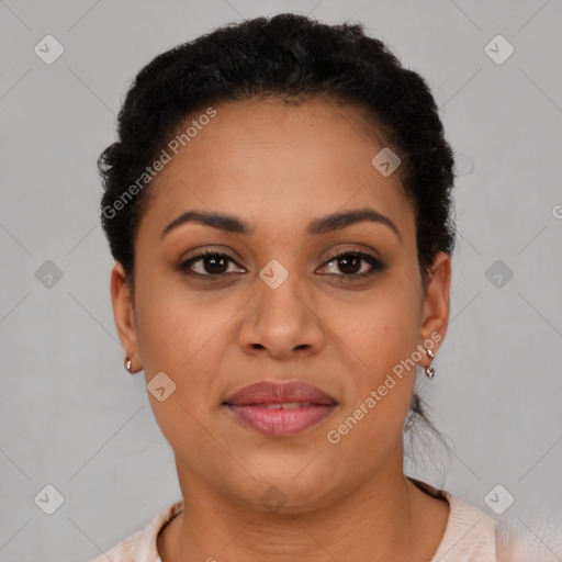 Joyful latino young-adult female with short  brown hair and brown eyes