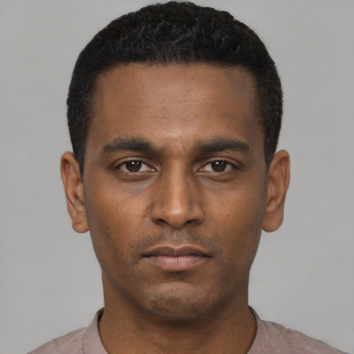 Neutral black young-adult male with short  black hair and brown eyes