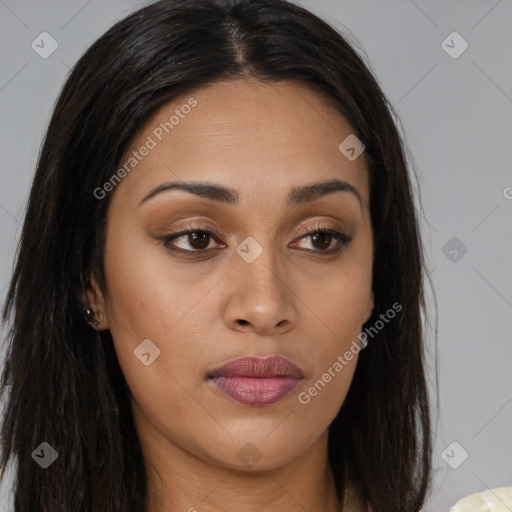 Joyful asian young-adult female with long  brown hair and brown eyes