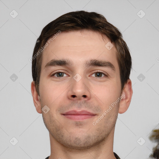 Neutral white young-adult male with short  brown hair and brown eyes