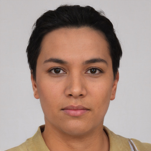 Neutral asian young-adult female with short  black hair and brown eyes