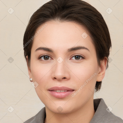 Neutral white young-adult female with medium  brown hair and brown eyes