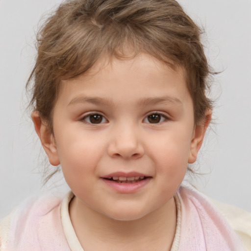 Joyful white child female with medium  brown hair and brown eyes