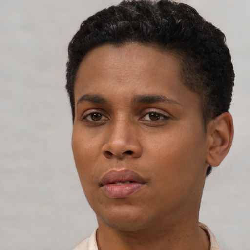 Neutral black young-adult male with short  black hair and brown eyes