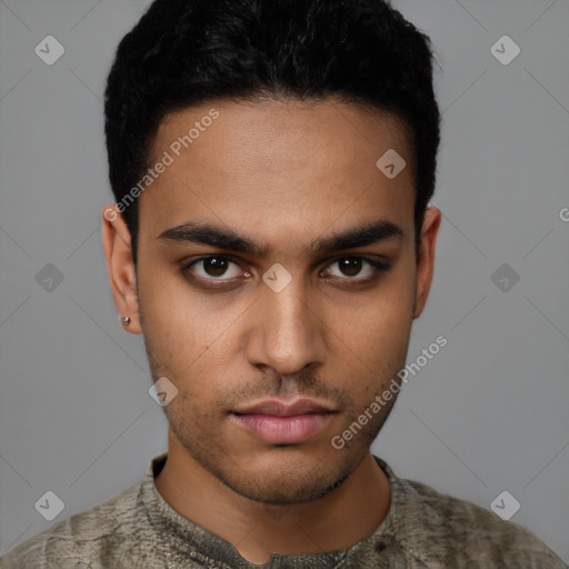 Neutral latino young-adult male with short  black hair and brown eyes