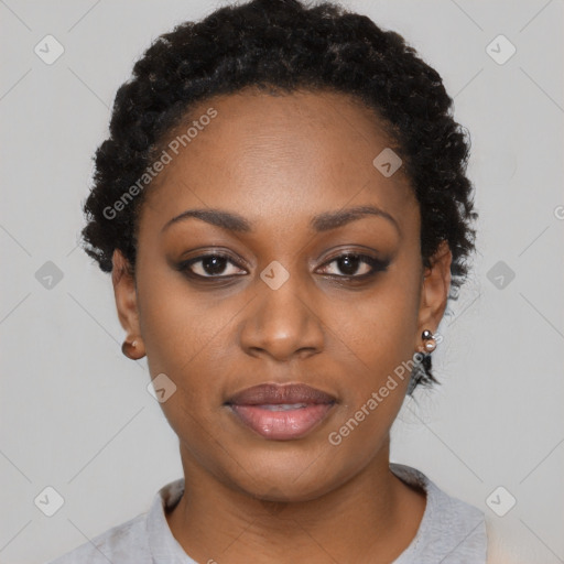 Neutral black young-adult female with short  black hair and brown eyes