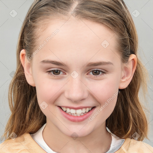 Joyful white child female with medium  brown hair and brown eyes