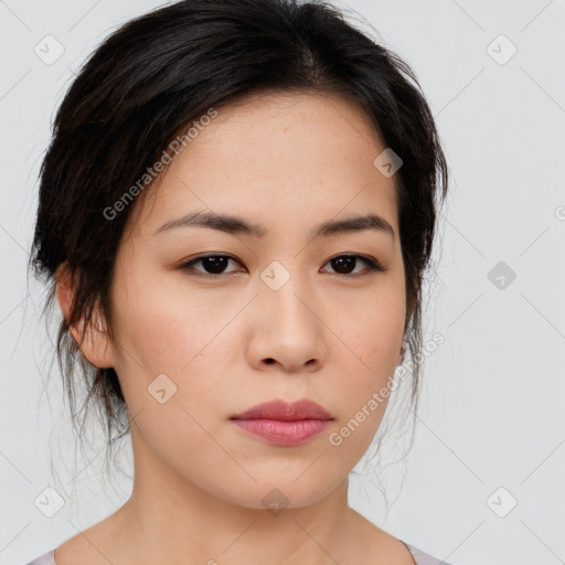 Neutral asian young-adult female with medium  black hair and brown eyes