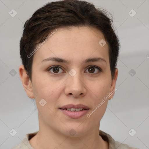 Joyful white young-adult female with short  brown hair and brown eyes