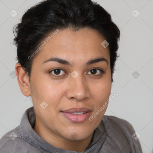 Joyful latino young-adult female with short  brown hair and brown eyes