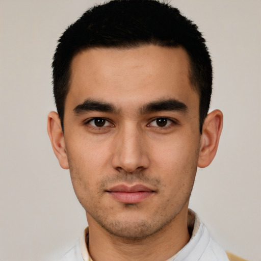 Neutral white young-adult male with short  black hair and brown eyes
