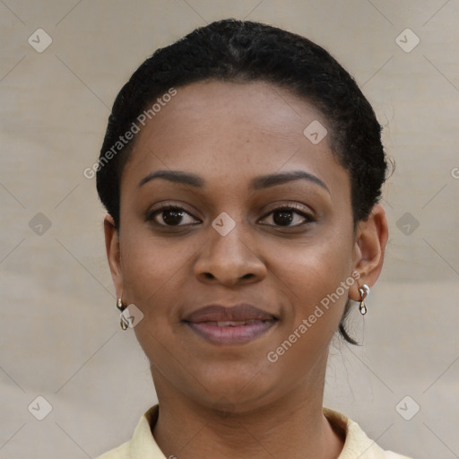 Joyful latino young-adult female with short  black hair and brown eyes