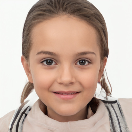 Joyful white child female with medium  brown hair and brown eyes