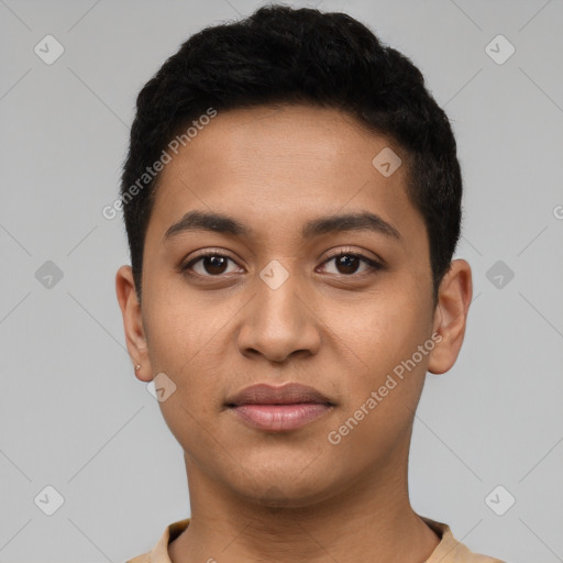 Joyful latino young-adult male with short  black hair and brown eyes