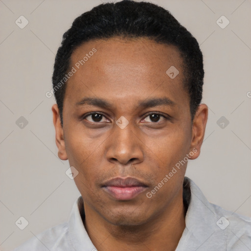 Neutral black adult male with short  black hair and brown eyes