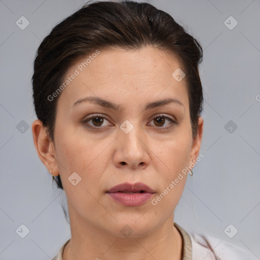 Neutral white young-adult female with short  brown hair and brown eyes