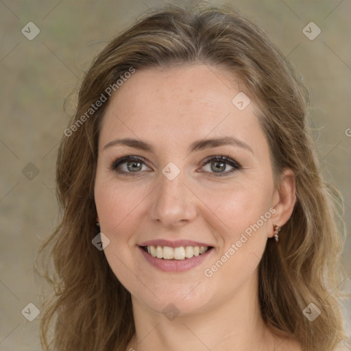 Joyful white young-adult female with medium  brown hair and green eyes